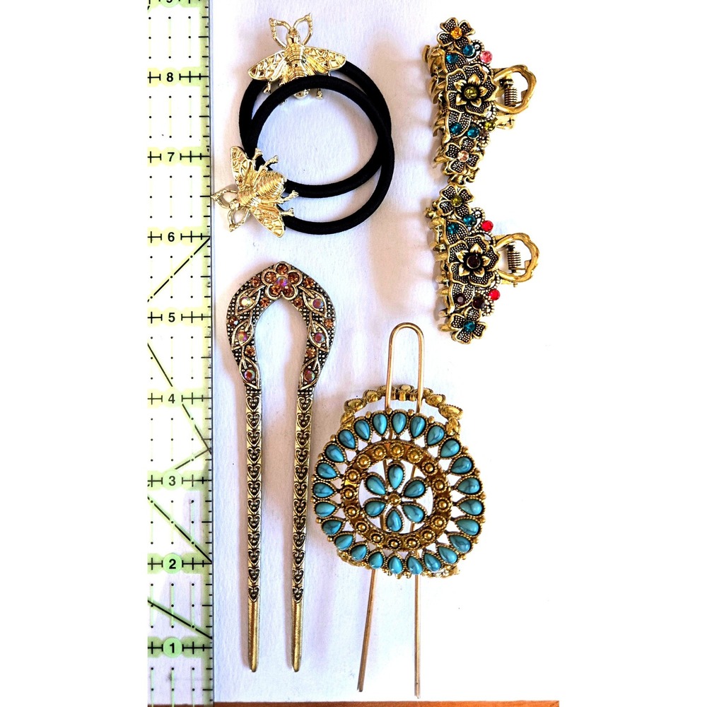 Vintage Style Gold Hair Accessory Set Bee Ties Turquoise Slide Floral Clips 6pc - Picture 2 of 3